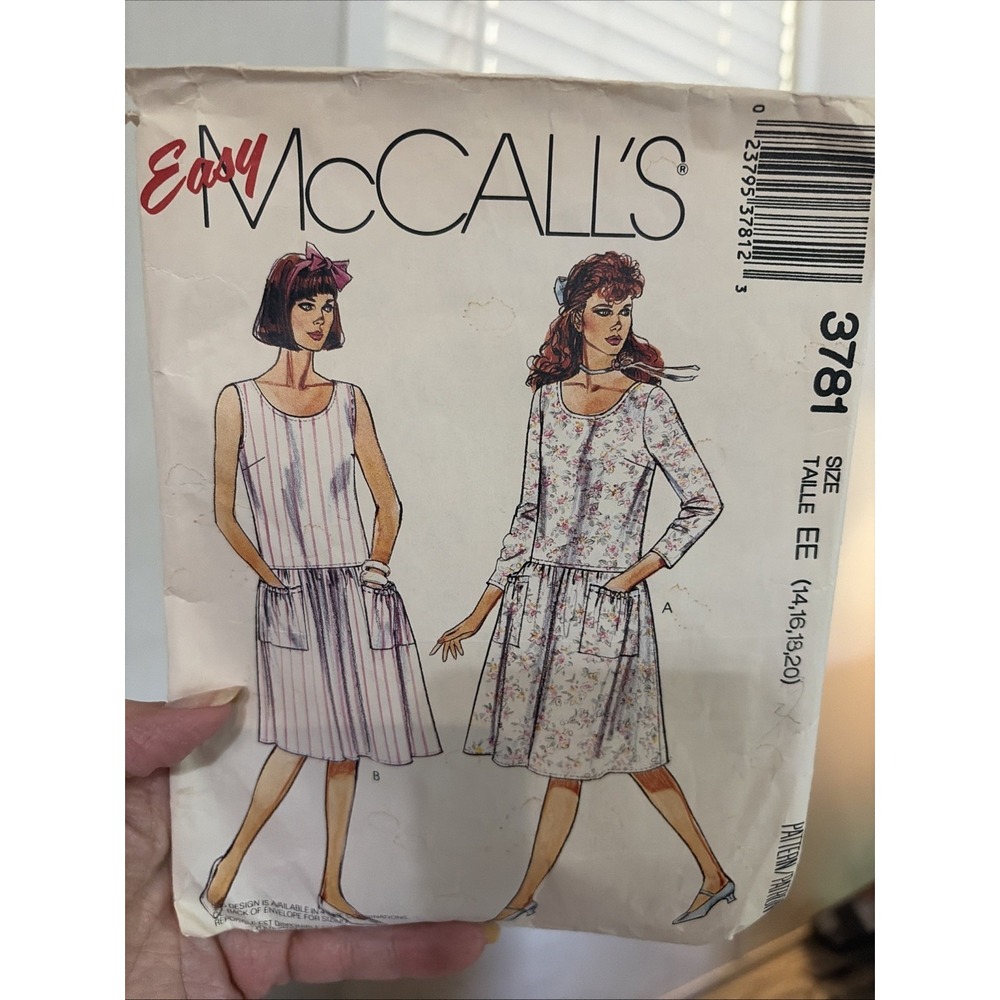 Vintage McCalls 3781 Dress Sewing Pattern Cut Size 16 Dropped Waist 1988